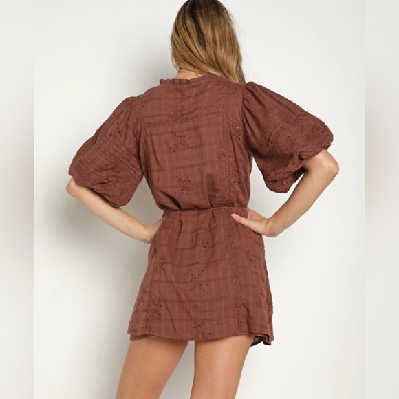 Saint Helena Rose Mini Dress Rose Clay Brown Eyelet 100% Cotton Size Small - Picture 3 of 13